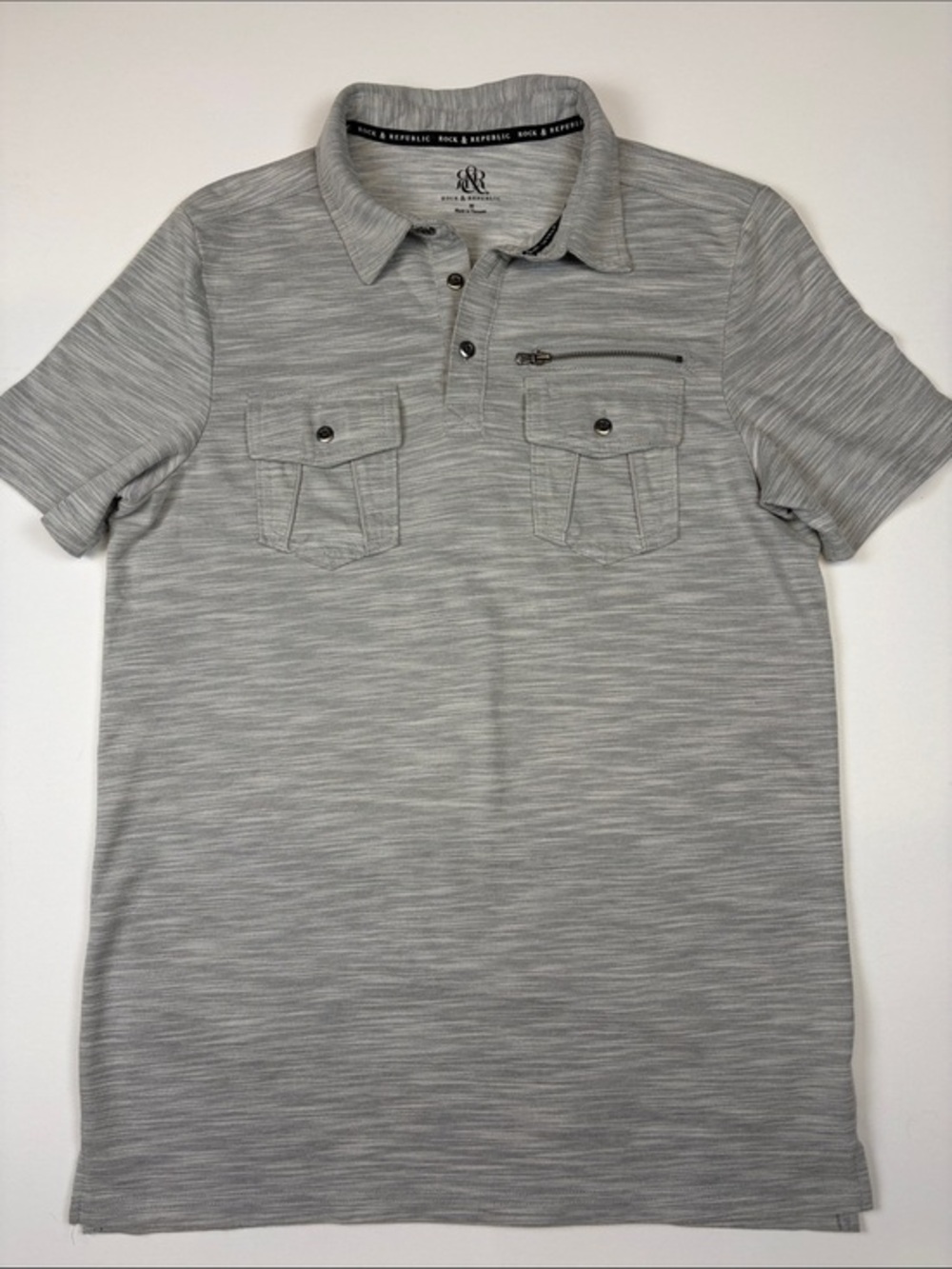 Rock & Republic Gray Slub Polo Shirt Utility Pockets Mens Medium